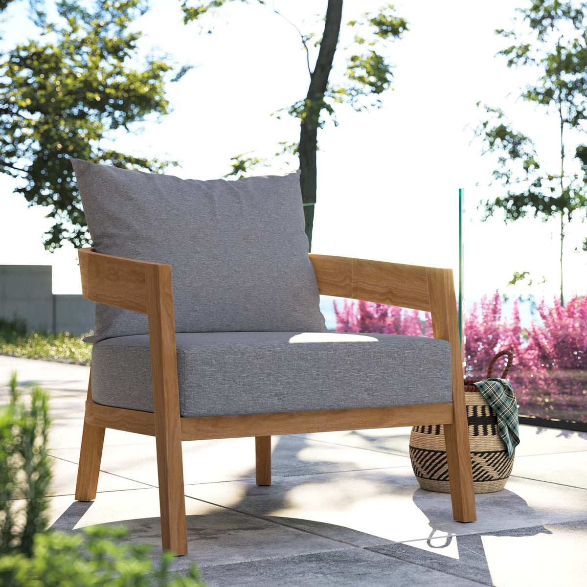 Brisbane Teak Wood Outdoor Patio Armchair with grey cushion and solid wood frame on Tampa Home & Garden Store