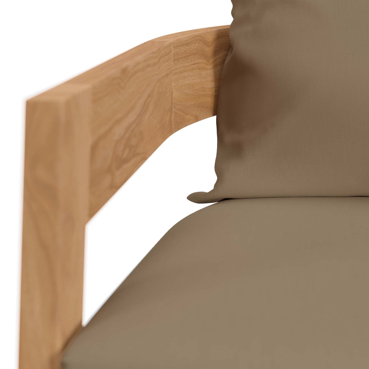 Teak wood outdoor patio armchair with brown cushion and natural finish frame on Tampa Home & Garden Store