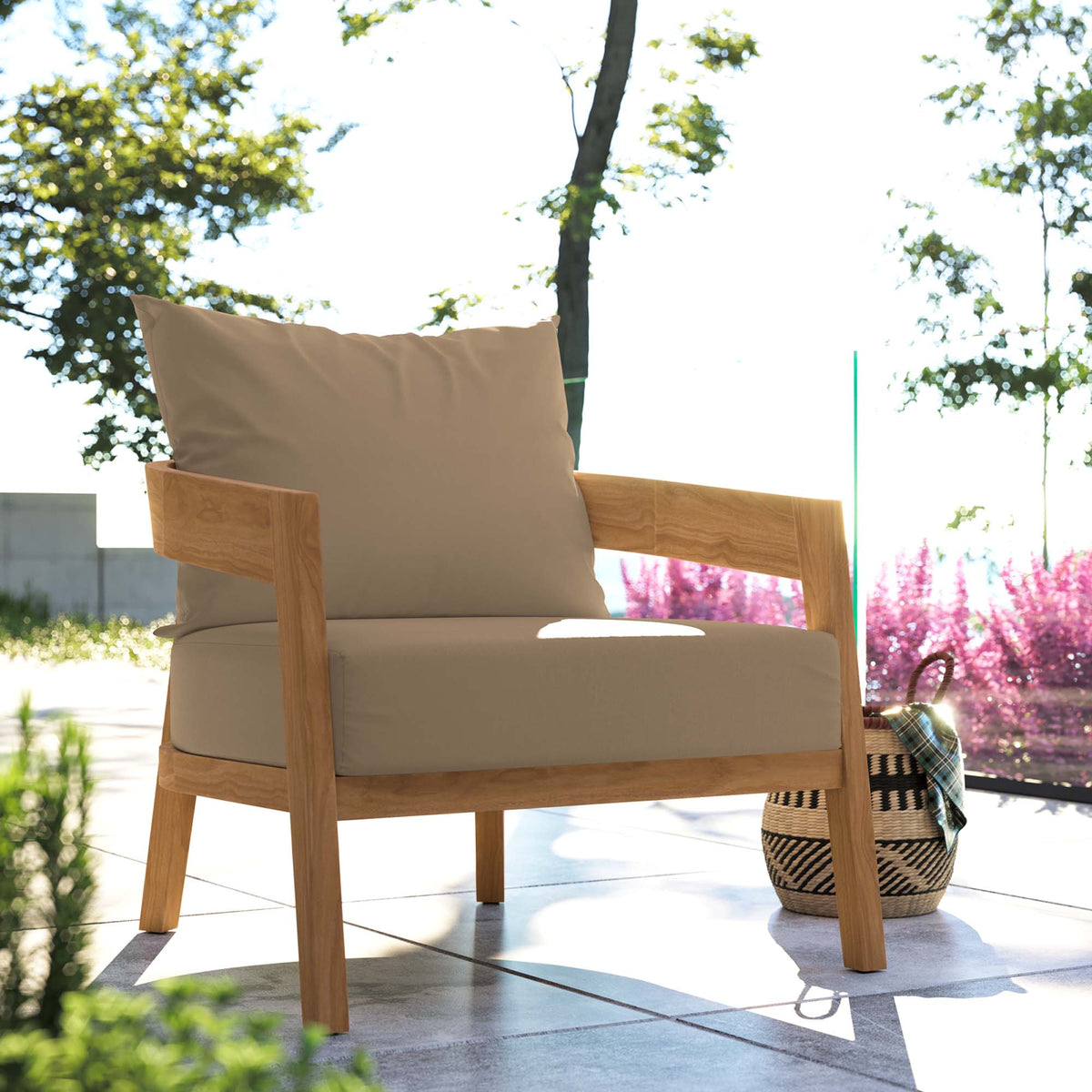 Brisbane Teak Wood Outdoor Patio Armchair by Modway with natural teak frame and beige cushions on Tampa Home & Garden Store