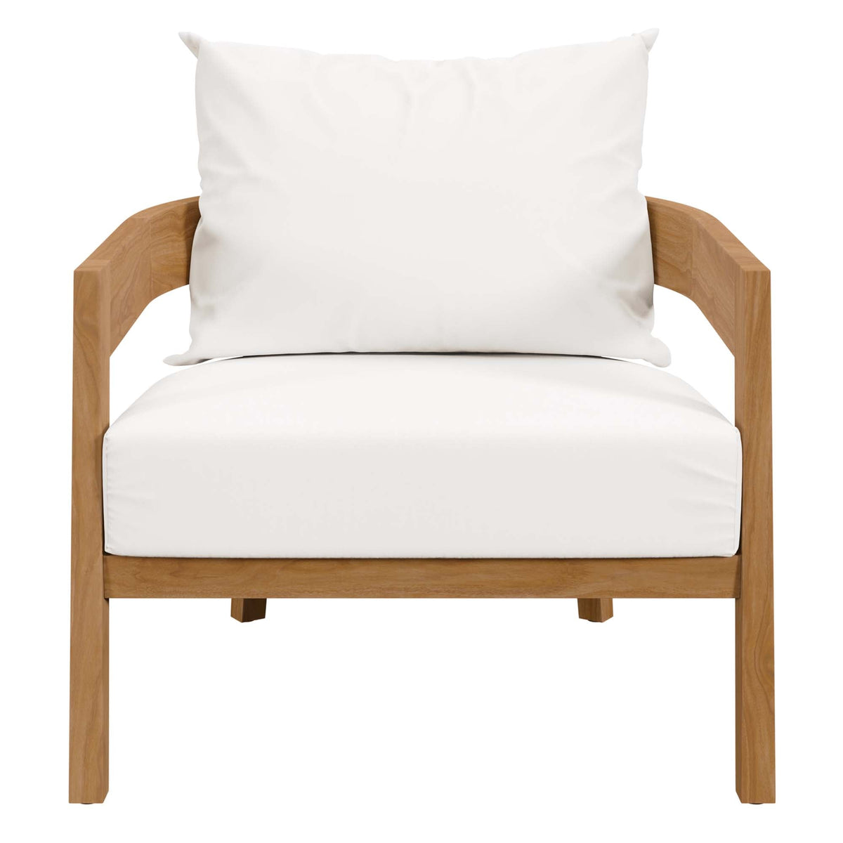Brisbane teak wood outdoor patio armchair with white cushions on Tampa Home & Garden Store