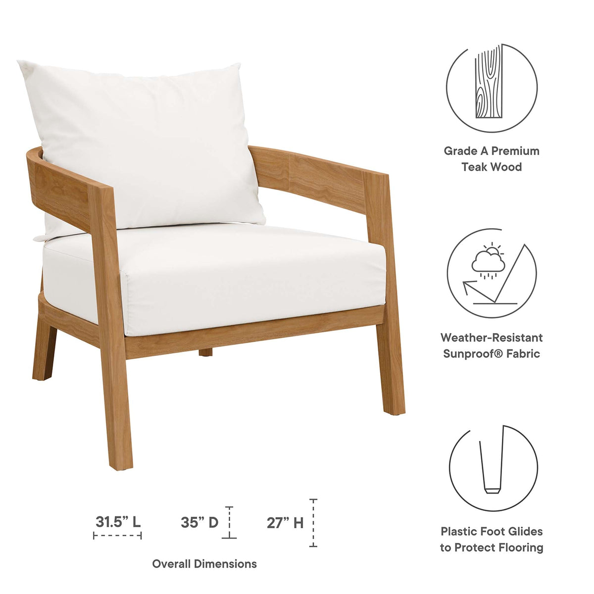 Modway Brisbane Teak Wood Outdoor Armchair with white cushions on Tampa Home & Garden Store