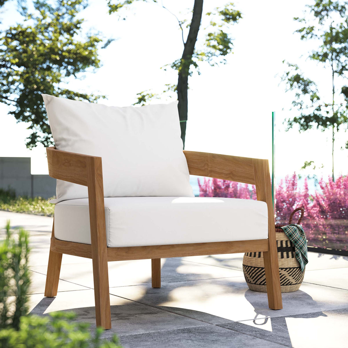 Brisbane Teak Wood Outdoor Patio Armchair by Modway with white cushions, teak frame on Tampa Home & Garden Store