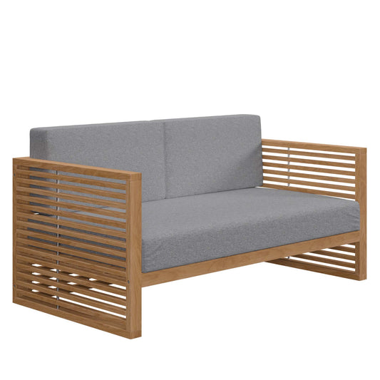 Carlsbad Teak Wood Outdoor Loveseat with gray cushions and slatted frame by HouseOfZazla on Tampa Home & Garden Store