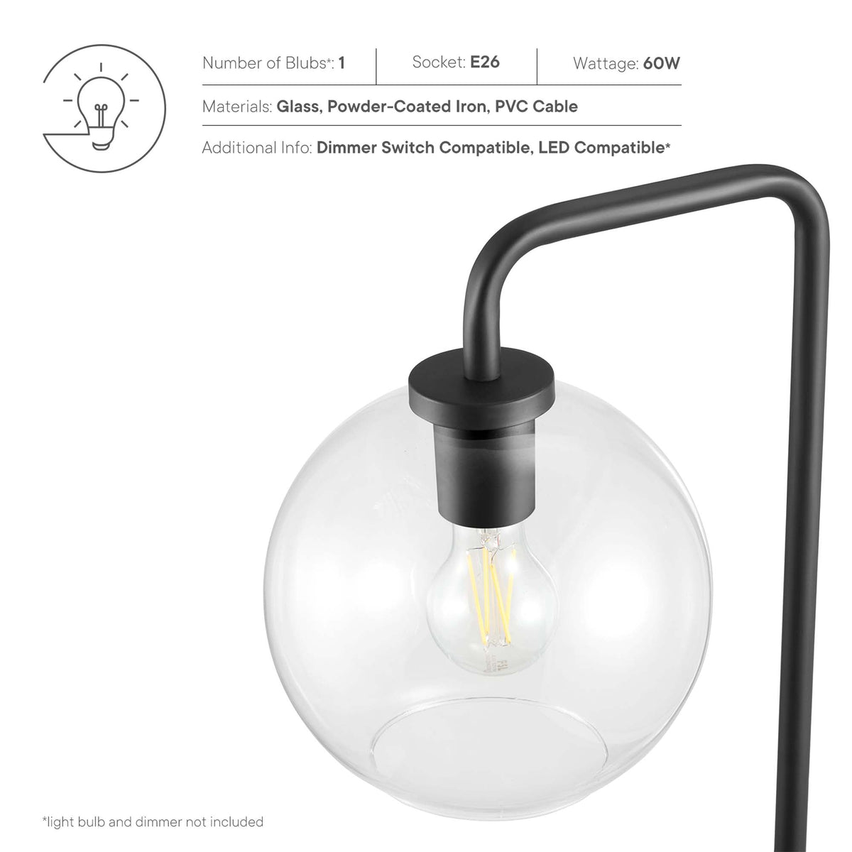 Silo Glass Globe floor lamp with black iron frame and clear glass globe, E26 socket on Tampa Home & Garden Store