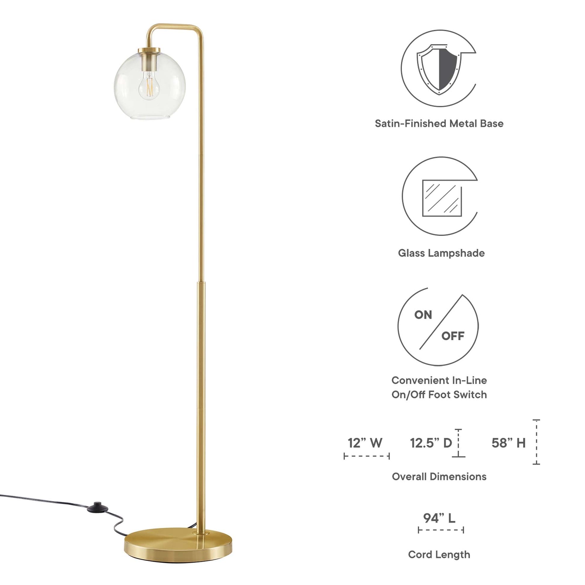 Silo Glass Globe floor lamp with gold satin metal base and clear glass shade on Tampa Home & Garden Store