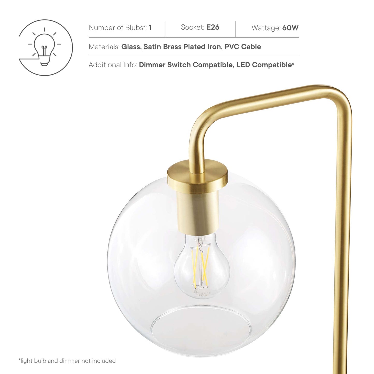 Silo Glass Globe Floor Lamp by HouseOfZazla, brass-toned frame with clear globe, E26 socket on Tampa Home & Garden Store