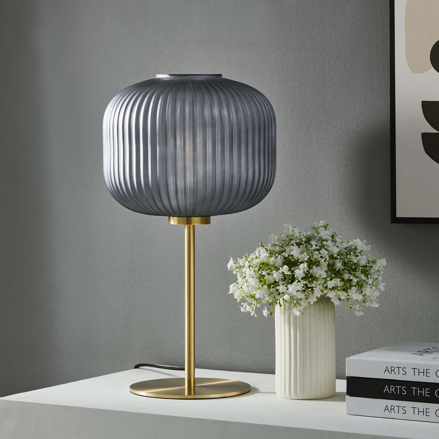 Reprise Glass Sphere Table Lamp with ribbed smoky glass shade and brass base on Tampa Home & Garden Store