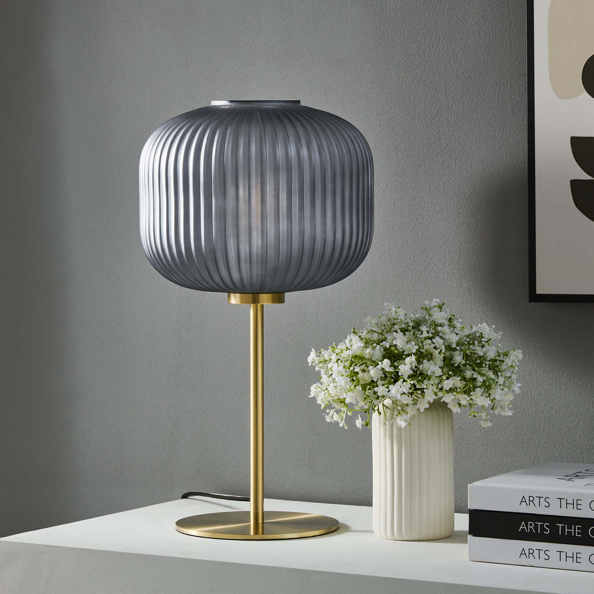Reprise Glass Sphere Table Lamp with ribbed smoky glass shade and brass base on Tampa Home & Garden Store