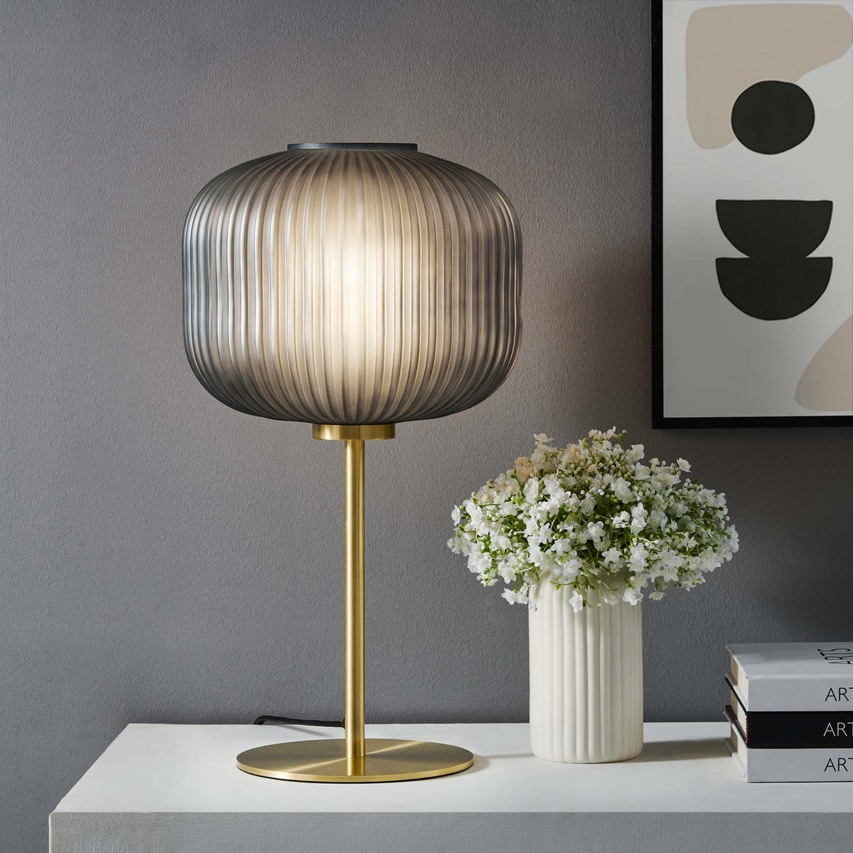 Reprise glass sphere table lamp with ribbed gray glass shade and brass base by Modway on Tampa Home & Garden Store
