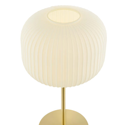 Reprise glass sphere table lamp with ribbed cream shade and brass stand on Tampa Home & Garden Store