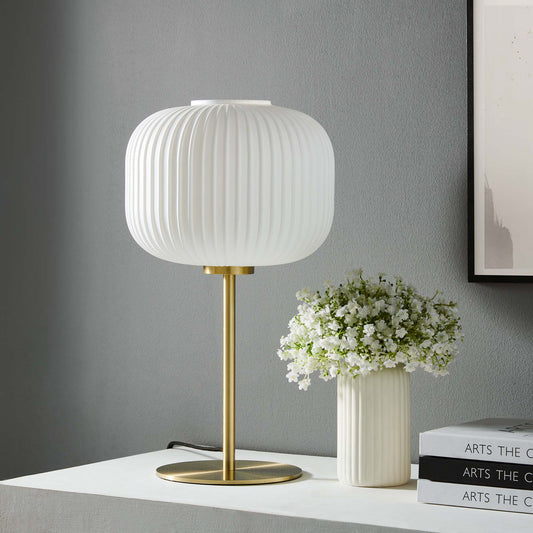 Reprise glass sphere table lamp with white ribbed glass shade and brass base on Tampa Home & Garden Store