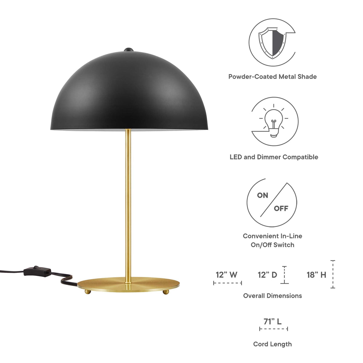 Ideal Metal Table Lamp by Modway with black powder-coated shade and gold stem LED/dimmer on Tampa Home & Garden Store