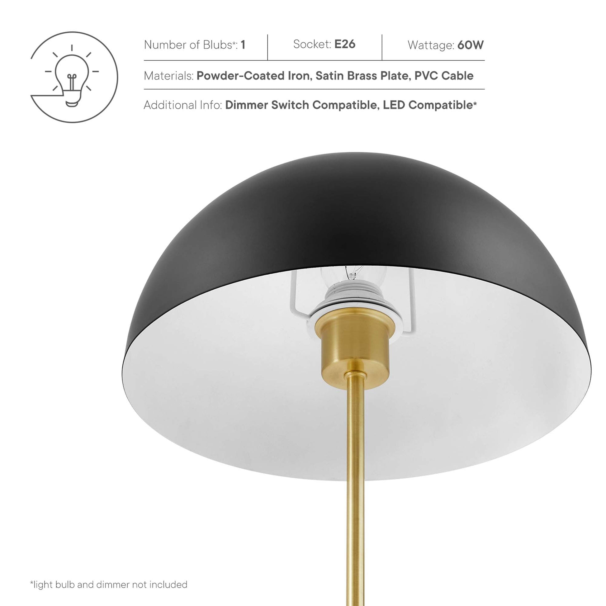 Ideal Metal Table Lamp Modway with black dome shade, brass stem and white interior on Tampa Home & Garden Store