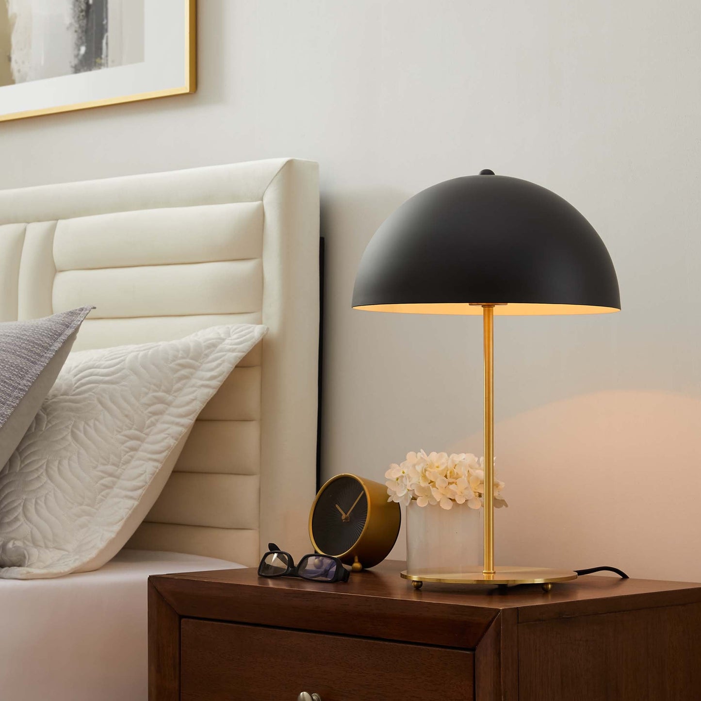 Ideal Metal Table Lamp by Modway in black with gold-tone stem and gold interior on nightstand on Tampa Home & Garden Store
