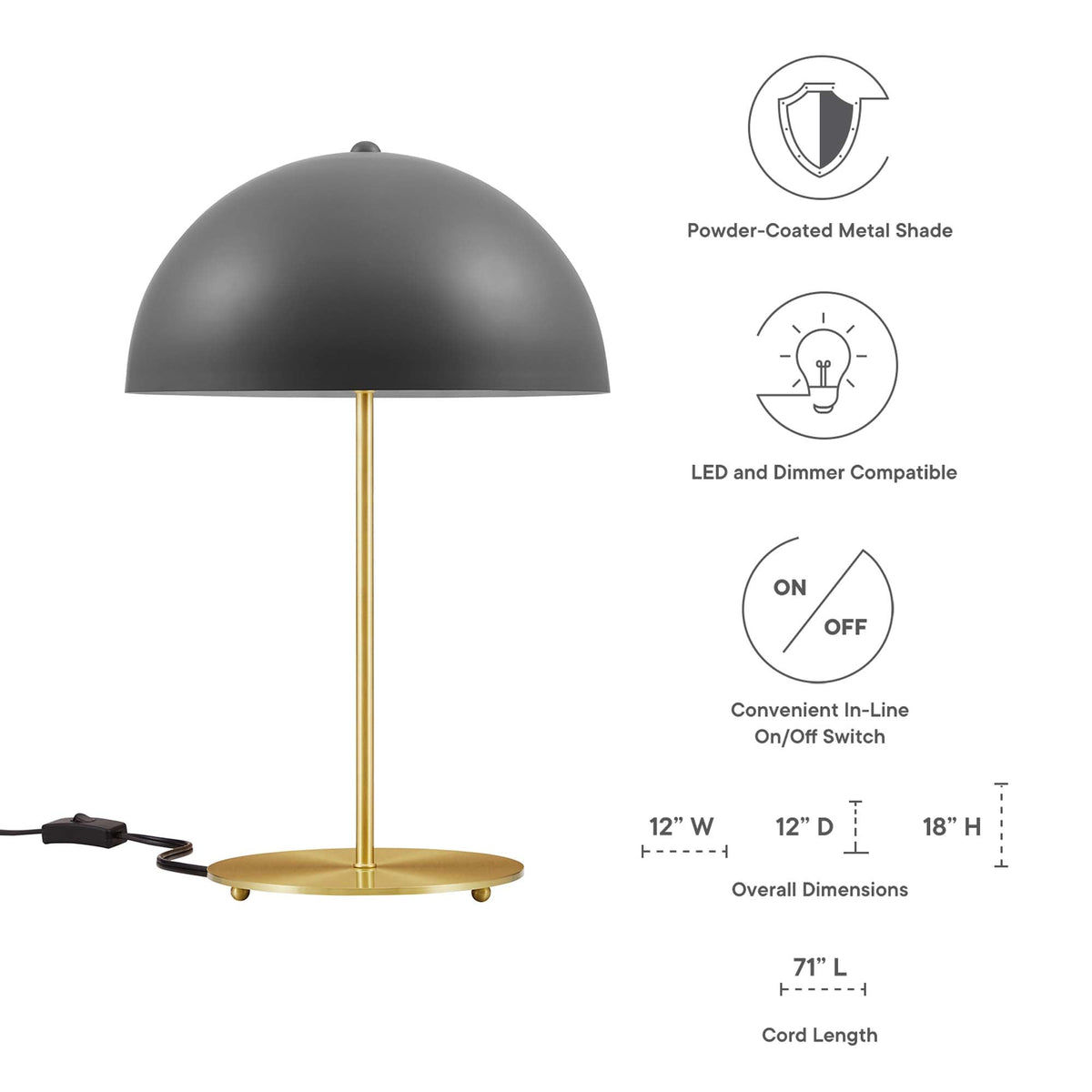 Ideal Metal Table Lamp by Modway with dark gray powder-coated metal shade and brass stem on Tampa Home & Garden Store