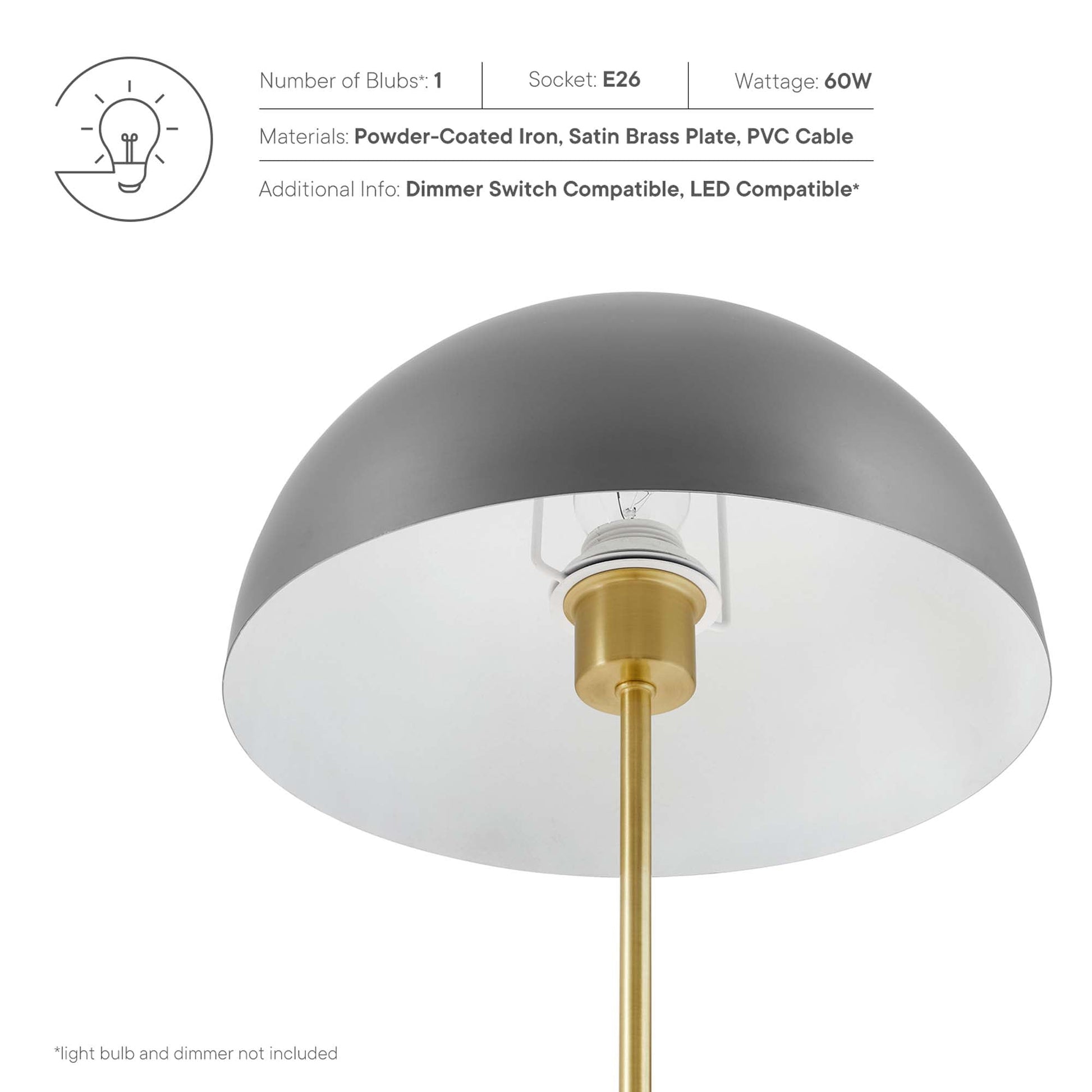 Ideal Metal Table Lamp by Modway with gray dome shade and brass stem on Tampa Home & Garden Store