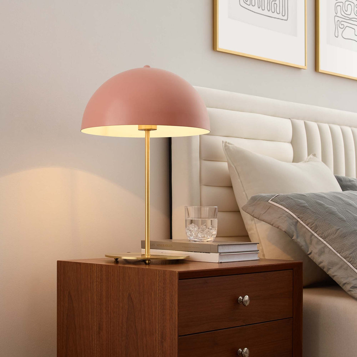 Ideal Metal Table Lamp by Modway pink dome shade with brass stem on wood nightstand on Tampa Home & Garden Store