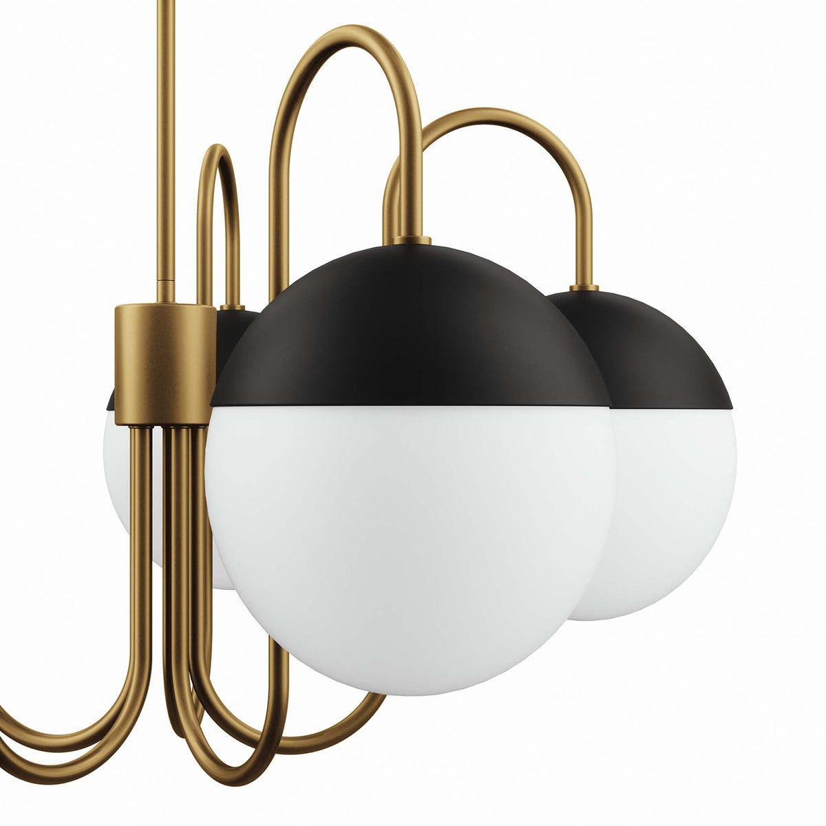 Stellar 5-Light chandelier with brass curved arms and white glass globes on Tampa Home & Garden Store