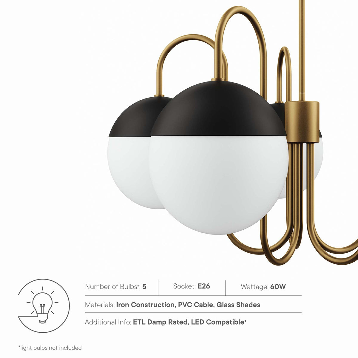 Stellar 5-Light Chandelier by Modway with black shade domes, brass arms and glass globe shades on Tampa Home & Garden Store