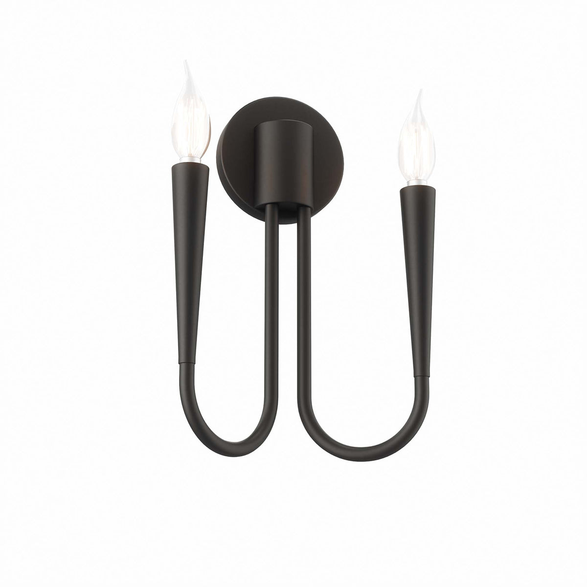 Penrose 2-Light Wall Sconce in matte black with circular backplate and two candle-arm bulbs on Tampa Home & Garden Store