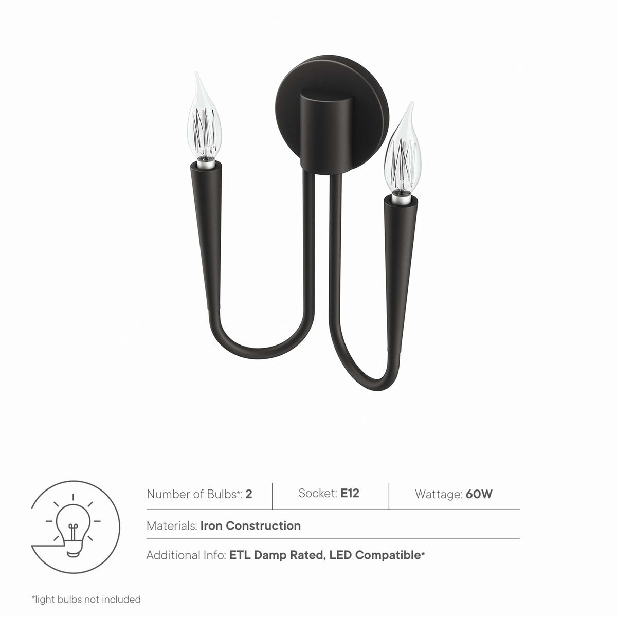 Penrose 2-Light Wall Sconce in matte black iron with two Edison-style bulbs on curved arms on Tampa Home & Garden Store