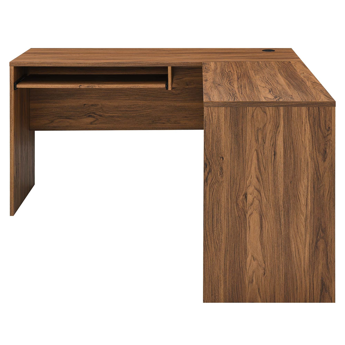 Venture L-Shaped Wood Office Desk walnut finish with open cubby shelf and top cable hole on Tampa Home & Garden Store