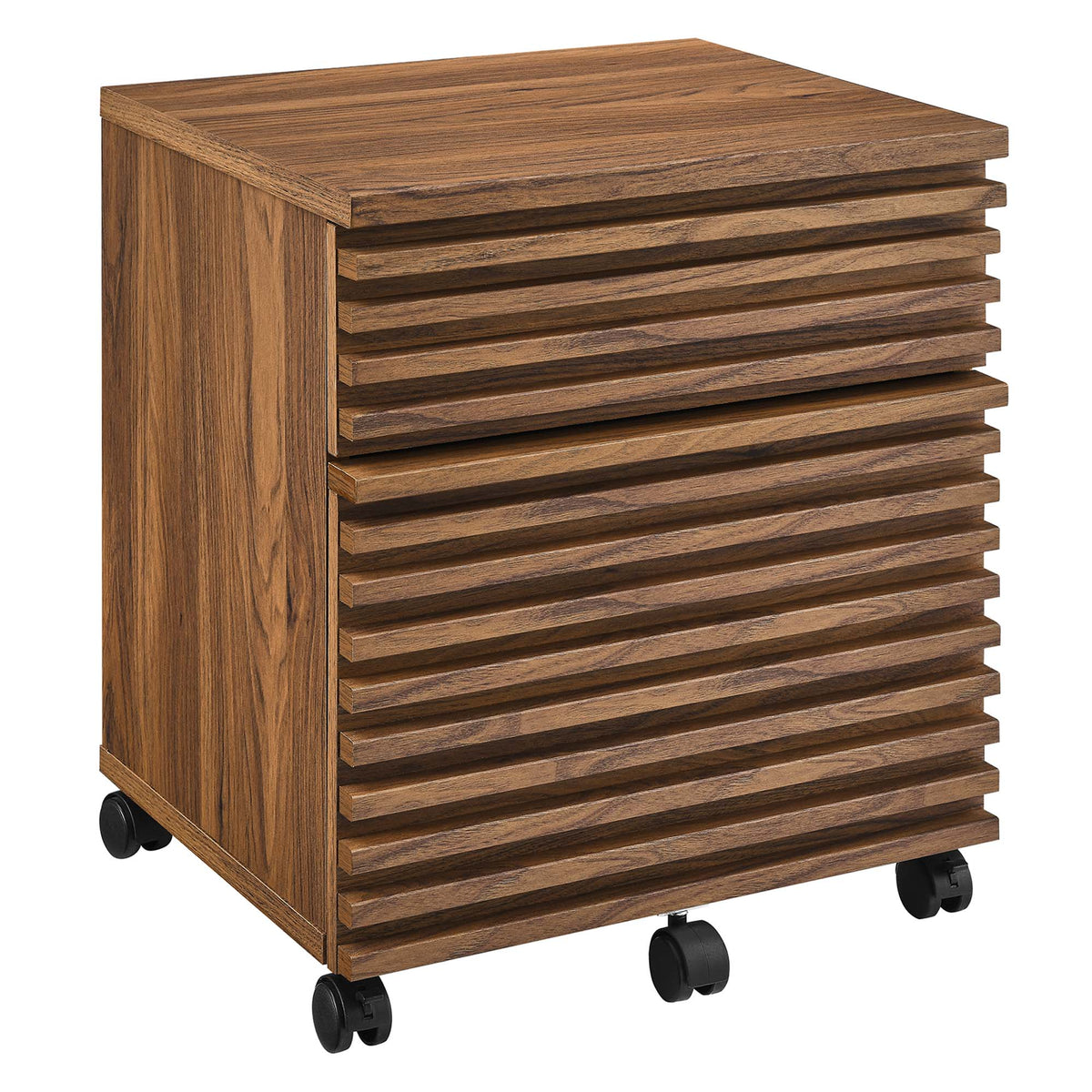 Render Wood File Cabinet by Modway in walnut finish with slatted drawer fronts on casters on Tampa Home & Garden Store