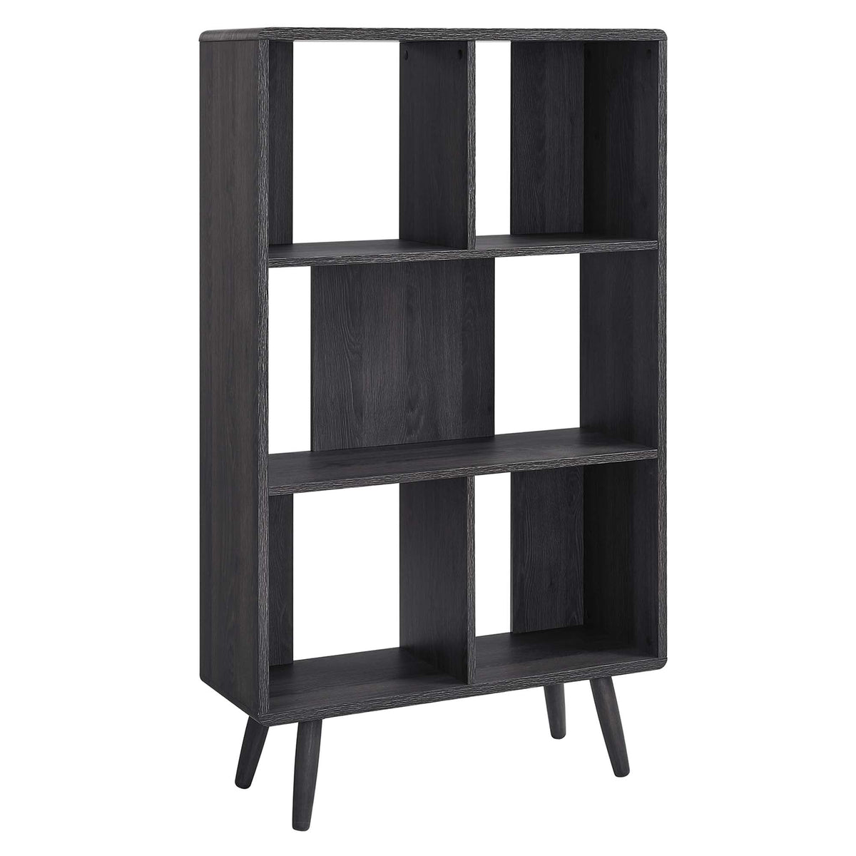 Transmit 5-Shelf Wood Grain Bookcase by Modway, dark espresso, open shelves, angled legs on Tampa Home & Garden Store