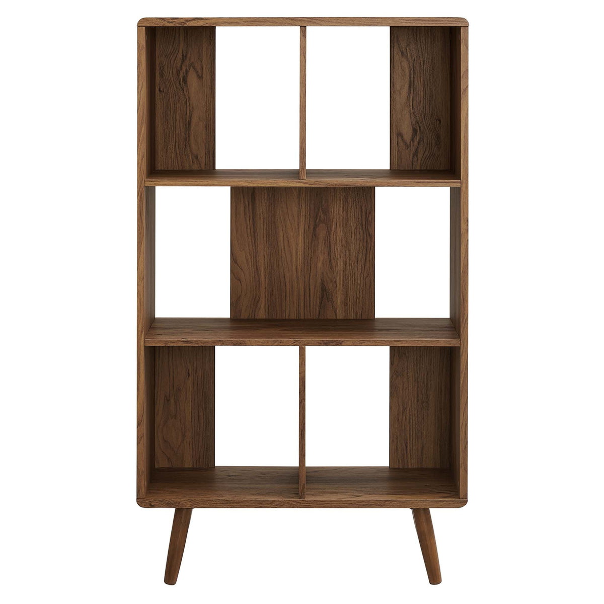 Transmit 5-Shelf Wood Grain Bookcase with warm veneer and angled mid-century legs on Tampa Home & Garden Store