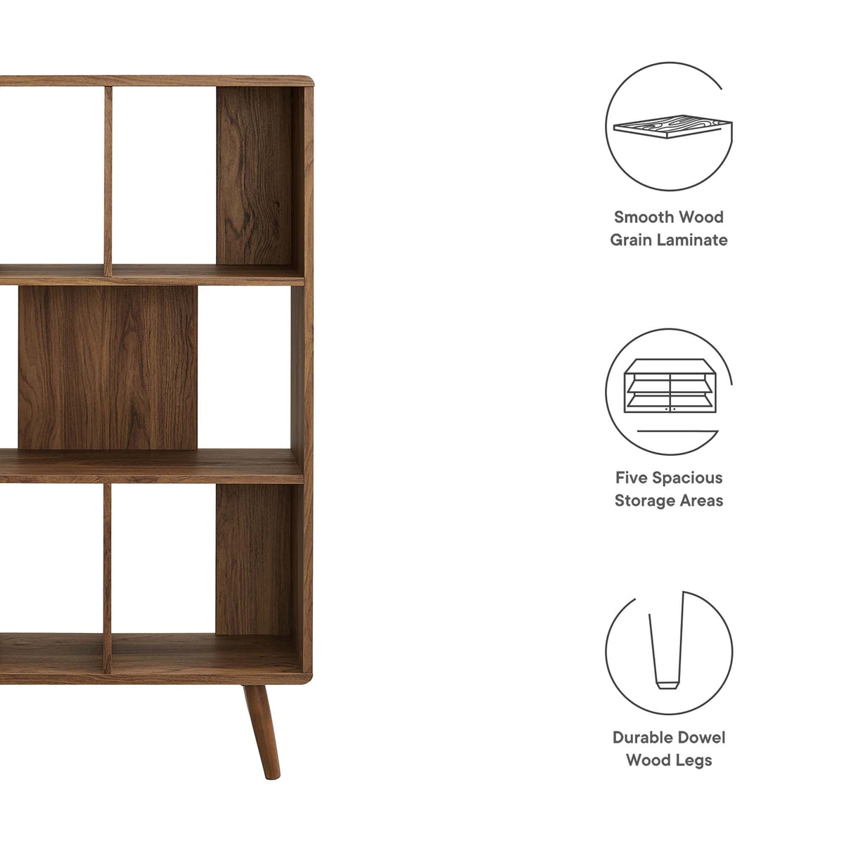 Transmit 5-Shelf Wood Grain Bookcase by Modway in walnut laminate for living room on Tampa Home & Garden Store