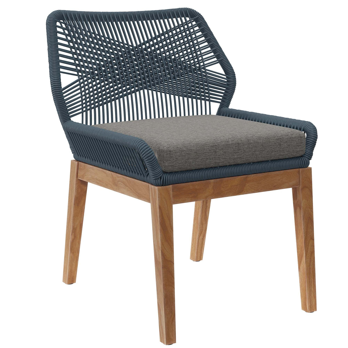 Wellspring outdoor teak wood dining chair by Modway with blue woven cord frame and cushion on Tampa Home & Garden Store