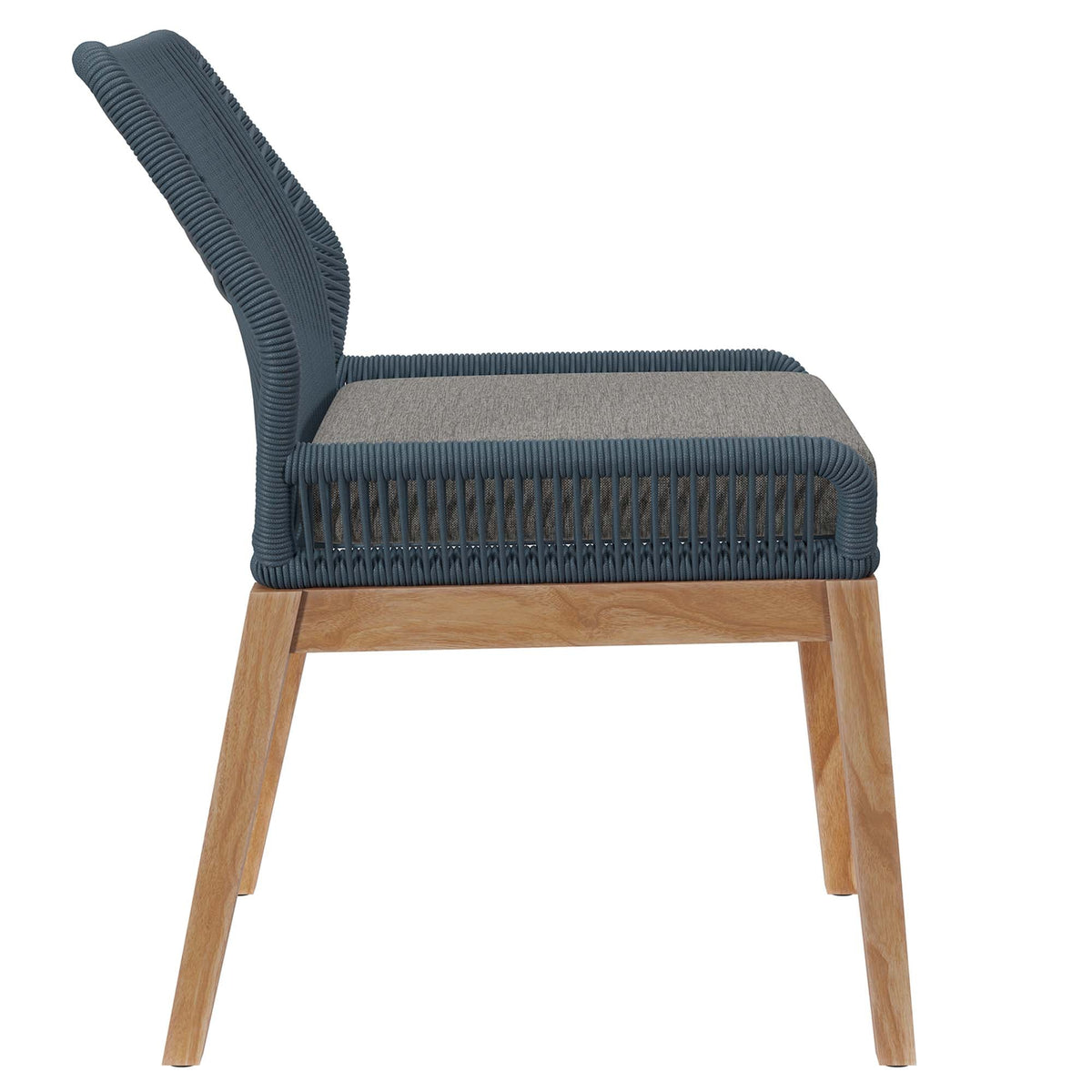 Wellspring outdoor teak wood dining chair navy blue woven rope frame with gray cushion on Tampa Home & Garden Store