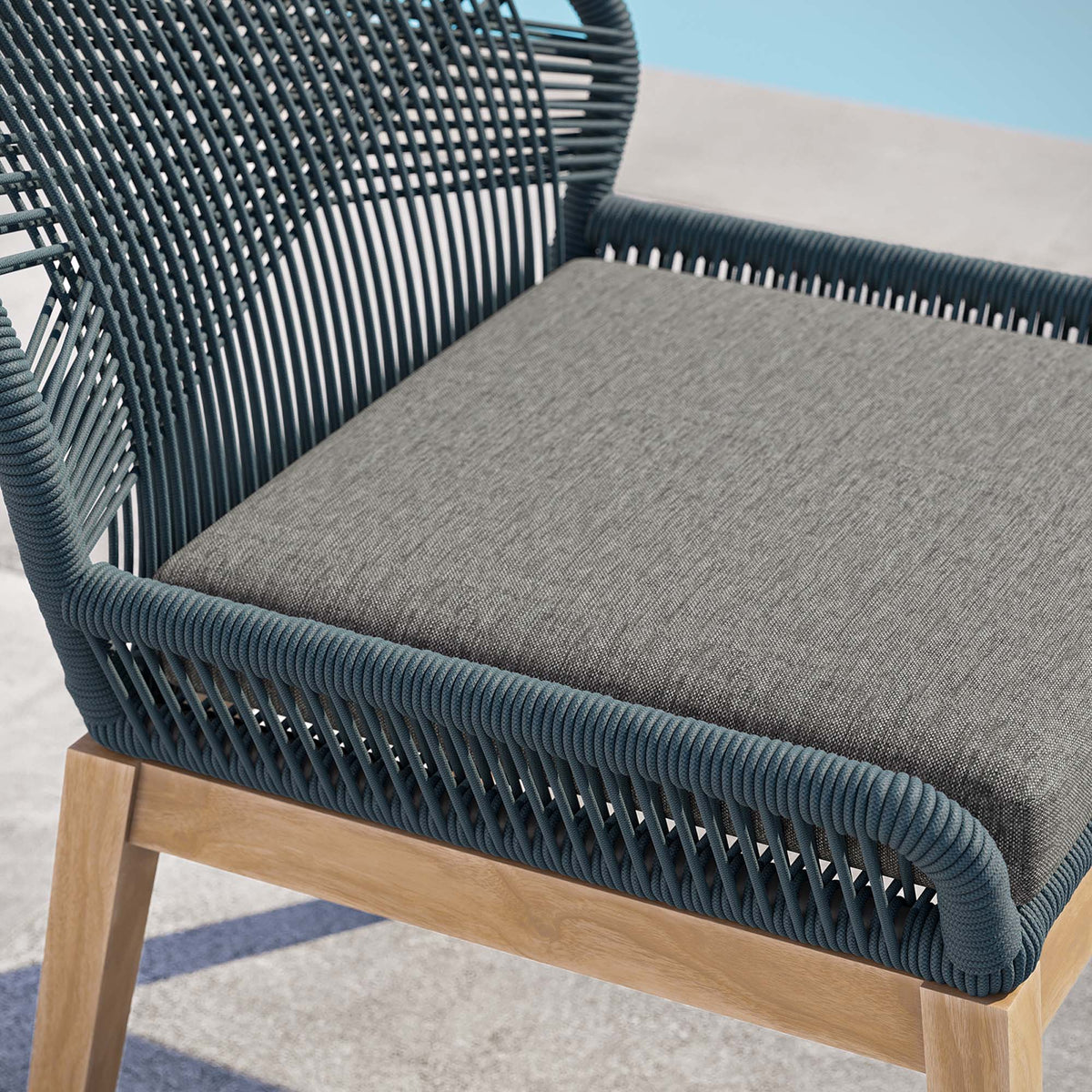 Wellspring teak outdoor dining chair by Modway with blue woven cord frame and gray cushion on Tampa Home & Garden Store