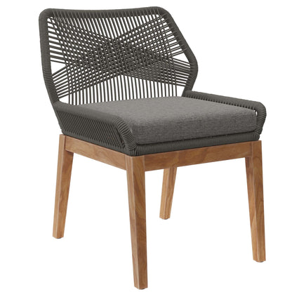 Wellspring outdoor patio teak wood dining chair with charcoal woven cord and gray cushion on Tampa Home & Garden Store