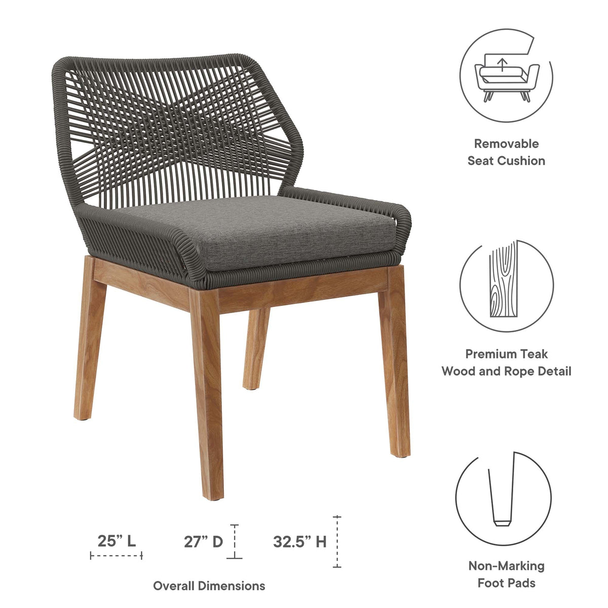 Outdoor teak dining chair Wellspring by Modway with dark gray woven rope back and cushion on Tampa Home & Garden Store