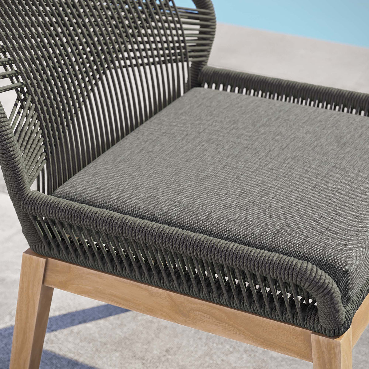 Wellspring Outdoor Patio Teak Wood Dining Chair by Modway, rope-woven frame with gray cushion on Tampa Home & Garden Store