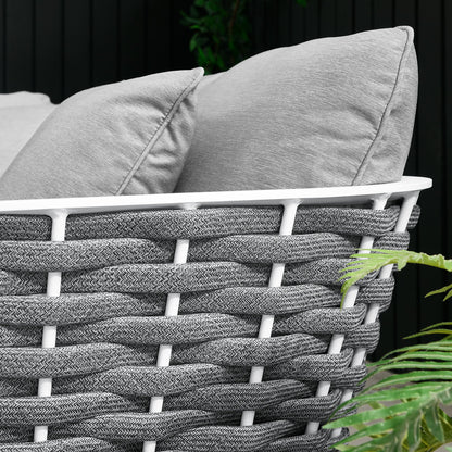 Stance small sectional sofa with aluminum frame and grey cushions, woven base HouseOfZazla on Tampa Home & Garden Store
