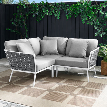 Stance Outdoor Patio Aluminum Small Sectional Sofa, gray cushions, white woven frame on Tampa Home & Garden Store