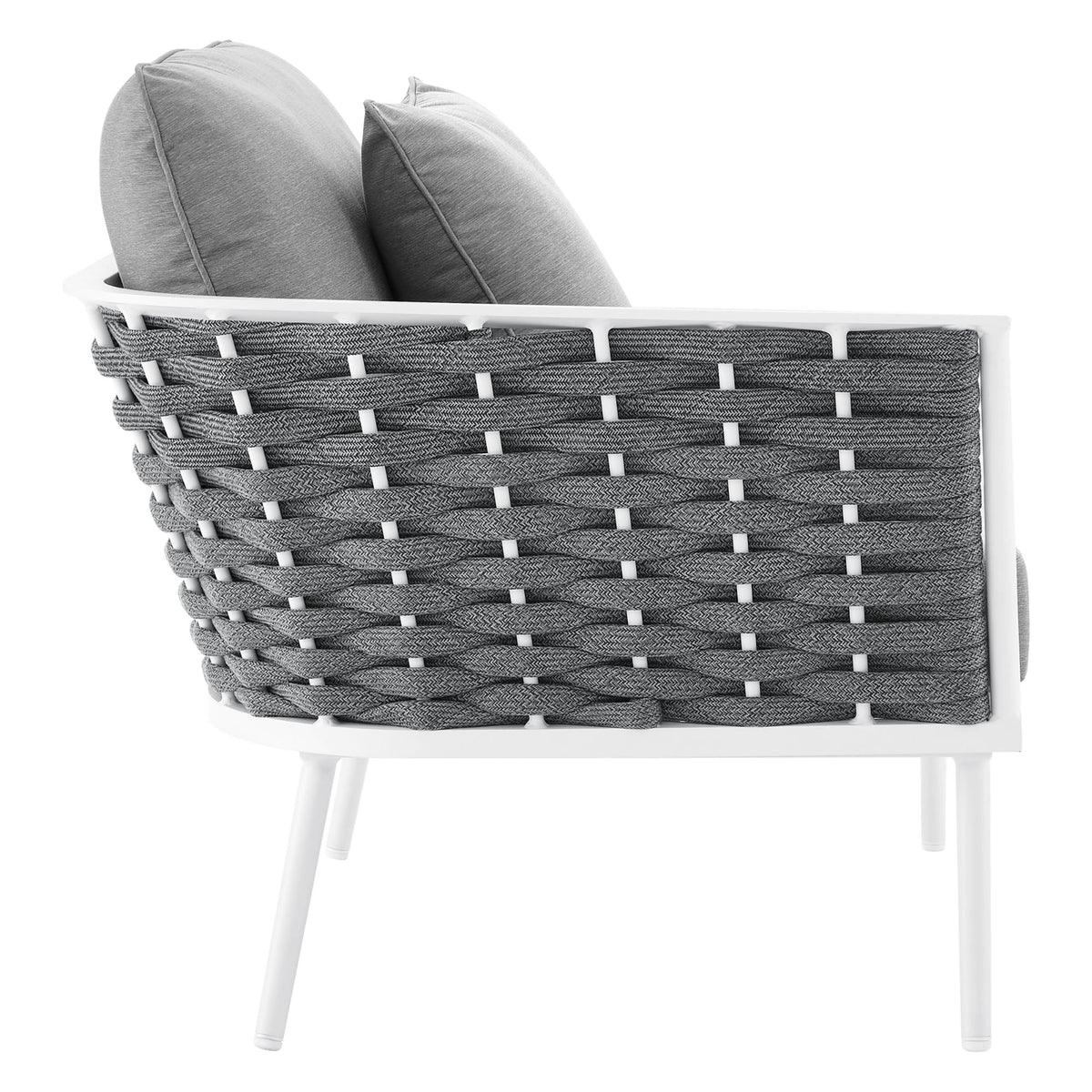 Stance outdoor patio aluminum small sectional sofa gray cushions white frame on Tampa Home & Garden Store
