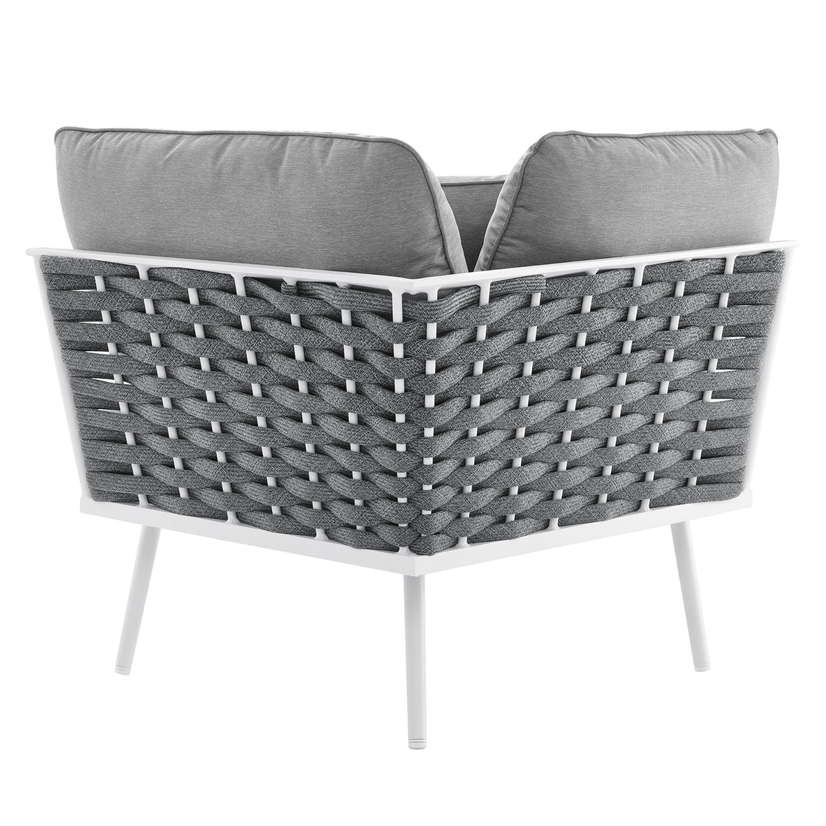Stance Outdoor Patio Aluminum Sectional Sofa with gray cushions and white wicker frame on Tampa Home & Garden Store