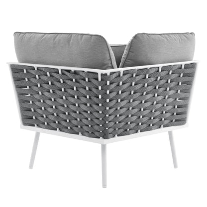 Stance outdoor patio aluminum large sectional sofa with gray cushions and woven wicker frame on Tampa Home & Garden Store