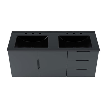 Vitality 48in double sink bathroom vanity top in dark charcoal with two black basins by Modway on Tampa Home & Garden Store