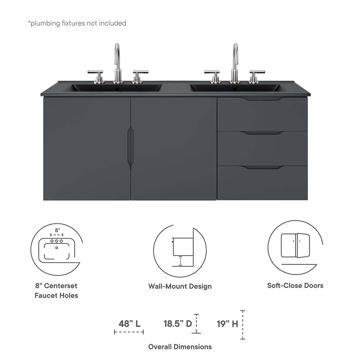 Vitality 48-inch double sink bathroom vanity in dark gray with two sinks and chrome faucets on Tampa Home & Garden Store