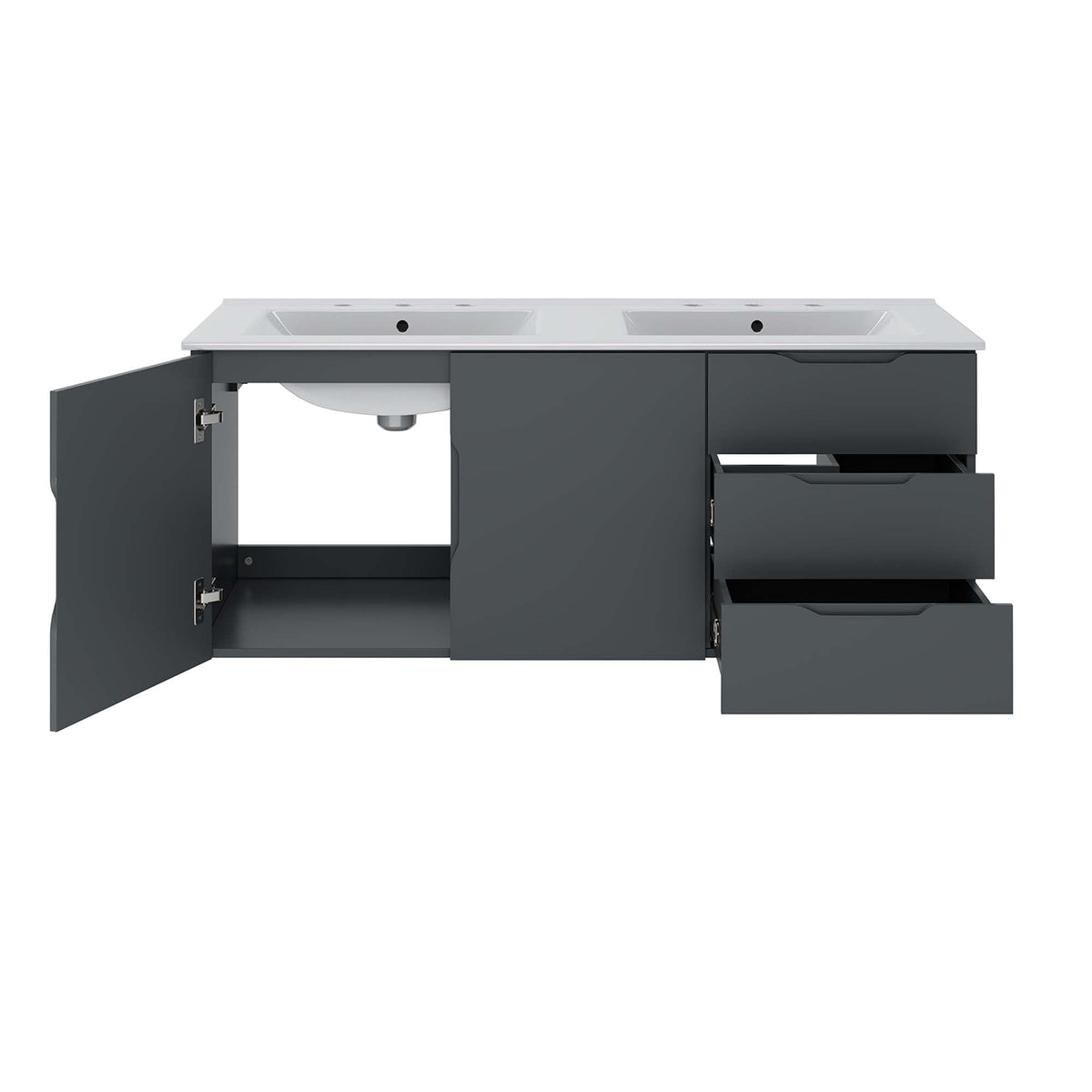 Vitality 48-inch double sink bathroom vanity with dark gray cabinet, white countertop and sinks on Tampa Home & Garden Store