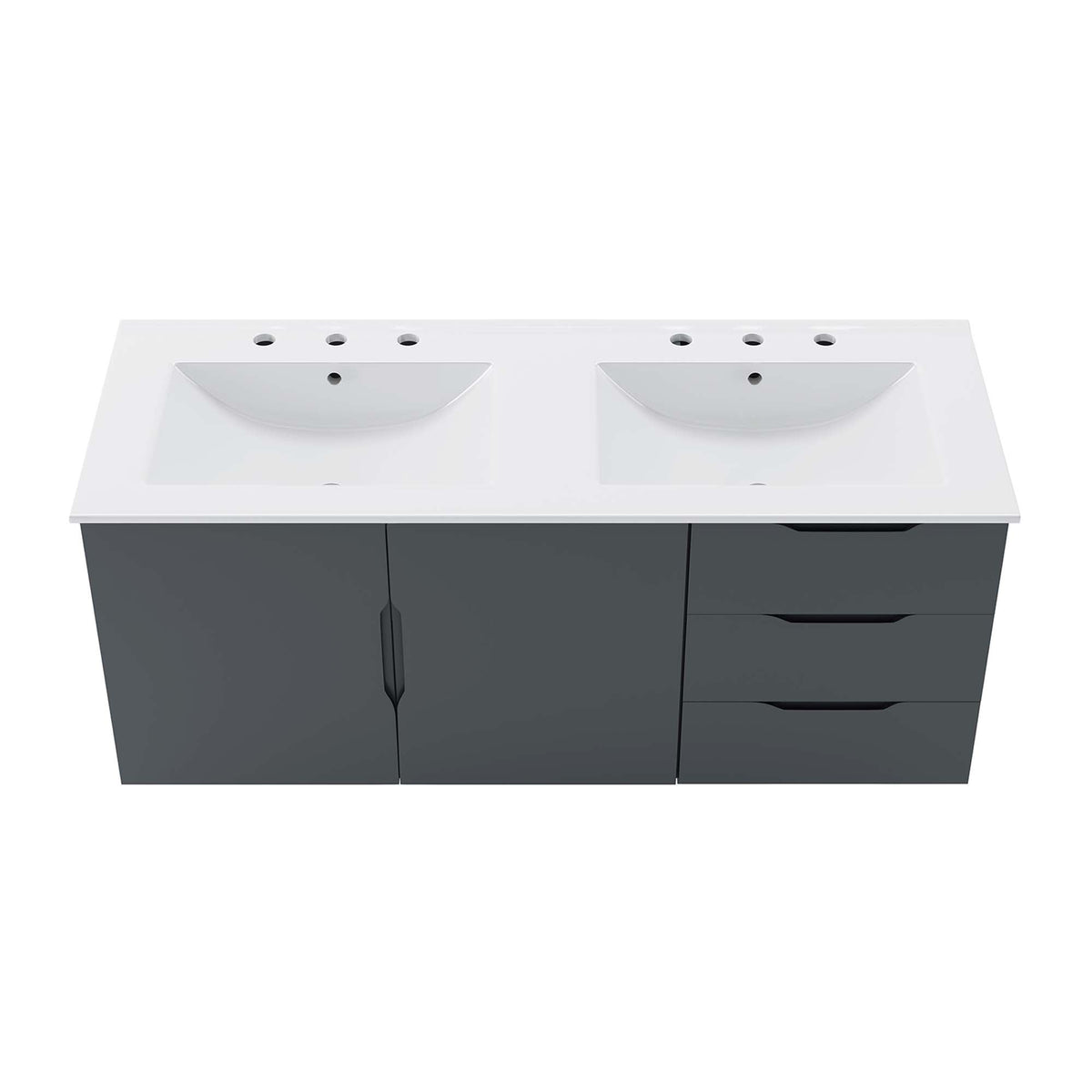 Vitality 48in double sink vanity by Modway; white countertop with two sinks and dark gray base on Tampa Home & Garden Store