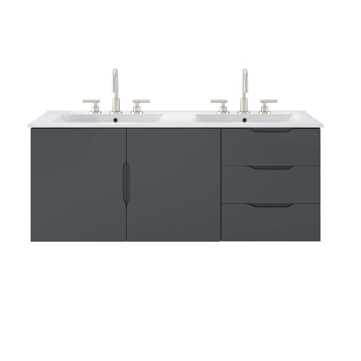 Vitality 48in double sink bathroom vanity with dark gray base, white countertop, dual sinks and brushed-nickel faucets on Tampa Home & Garden Store