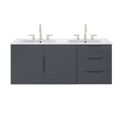 Vitality 48in double sink bathroom vanity with dark gray base, white countertop, dual sinks and brushed-nickel faucets on Tampa Home & Garden Store