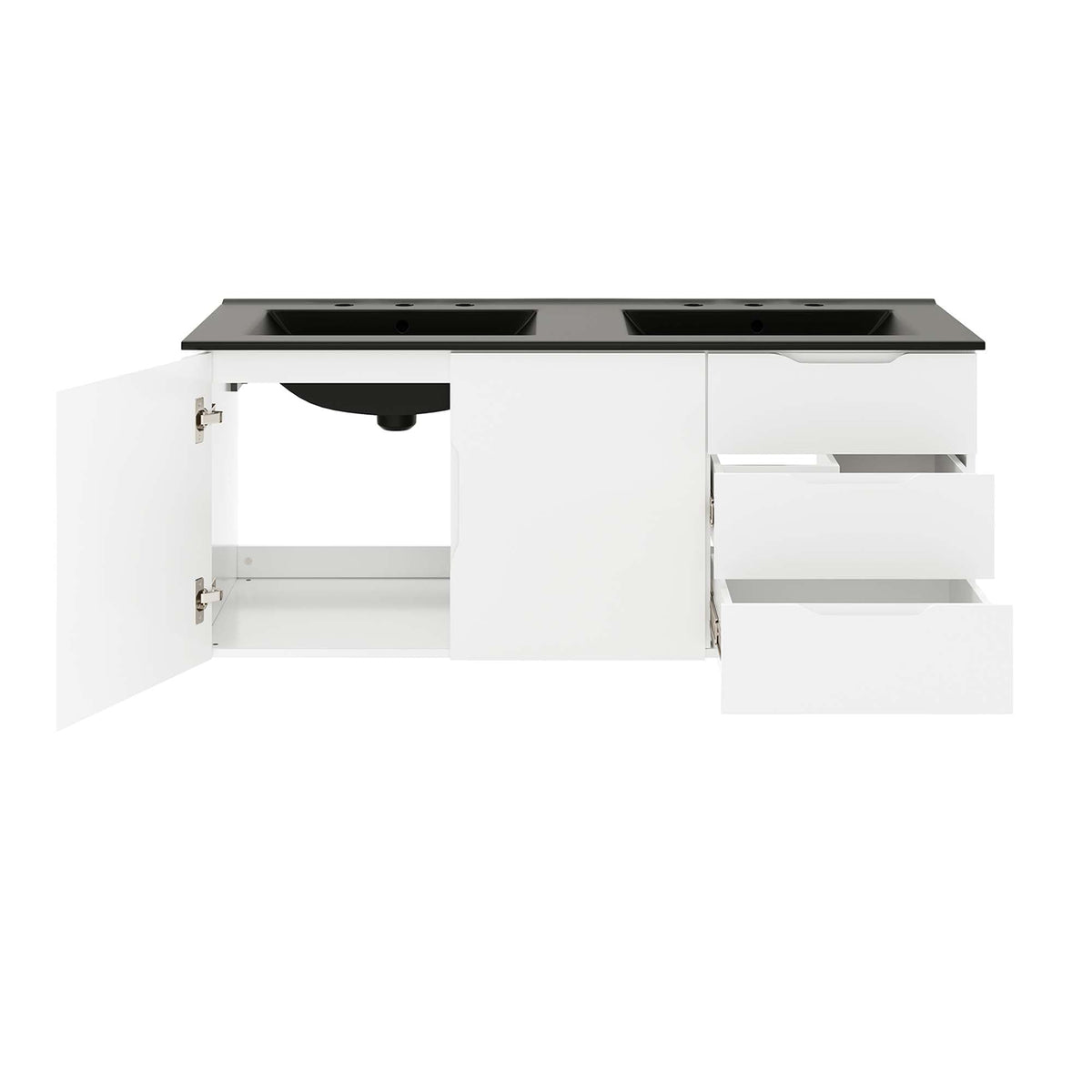 Vitality 48in double sink bathroom vanity with black countertop and white base cabinets two sinks on Tampa Home & Garden Store