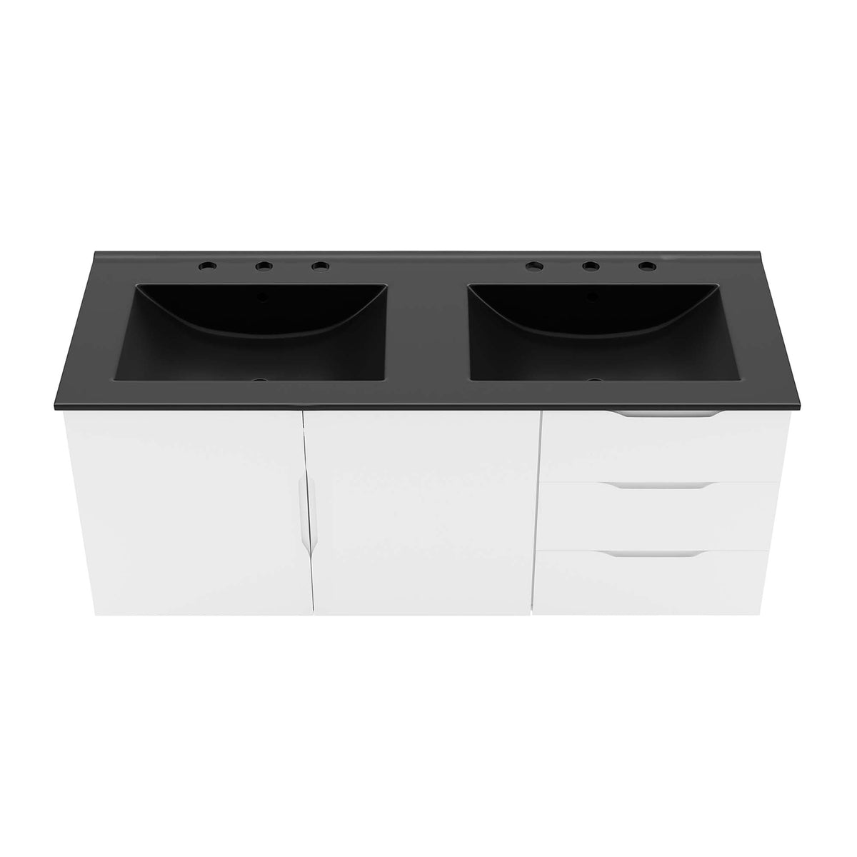 Vitality 48in double sink bathroom vanity with black countertop and two sinks on Tampa Home & Garden Store