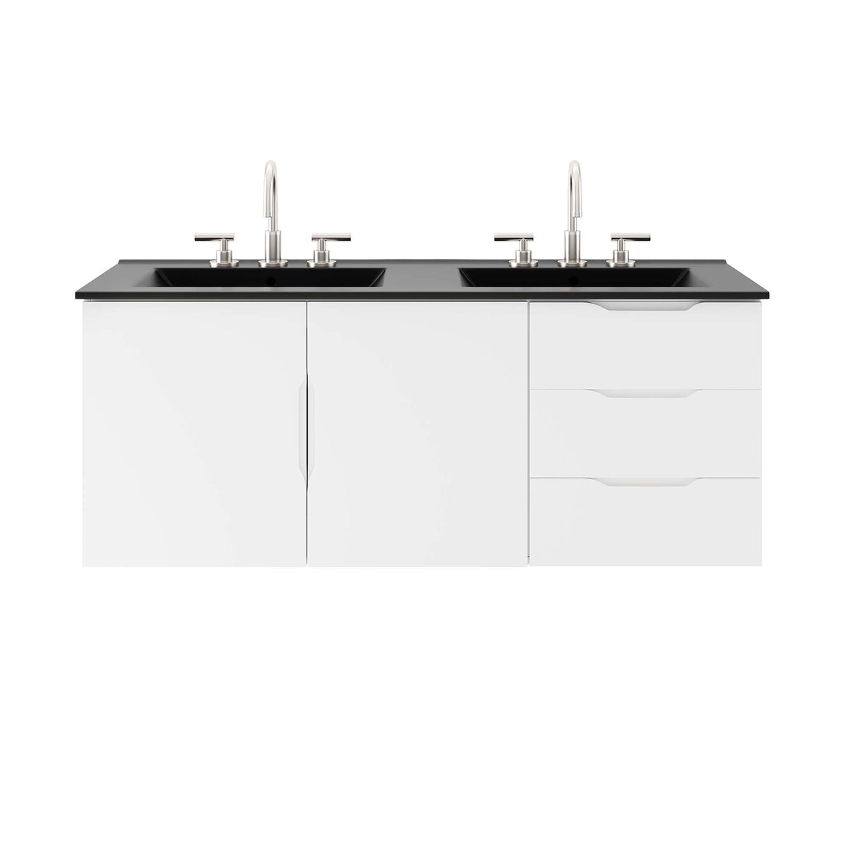 Vitality 48in double sink vanity with black countertop, chrome faucets, white base cabinets on Tampa Home & Garden Store